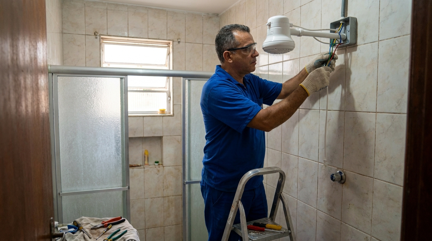 Eletricista instalando chuveiro eletrico em Caxias do Sul‑RS