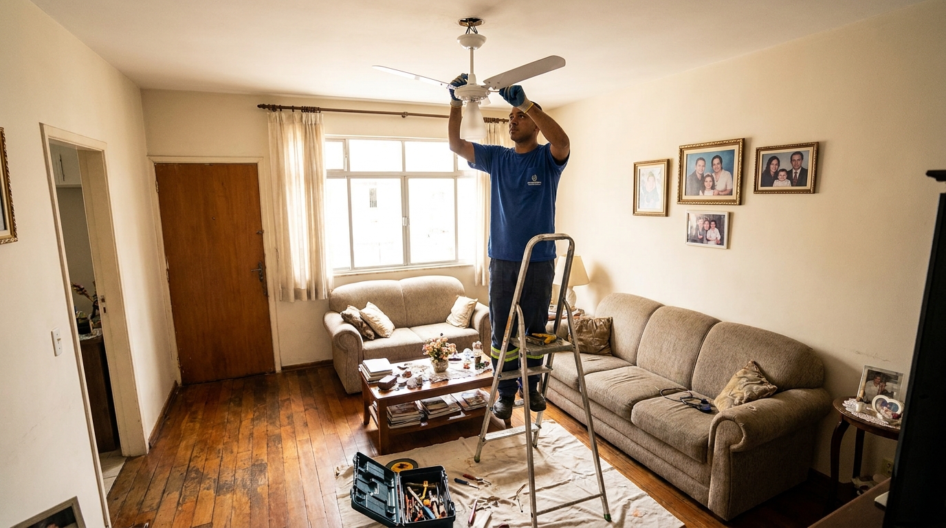 Eletricista instalando ventilador de teto em Caxias do Sul‑RS